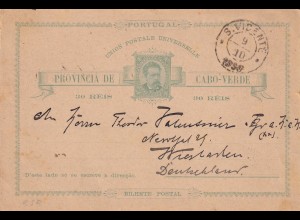 Post card Cap Verde, S. Vicente, 1890 to Wiesbaden, S.M.S Nixe, Schiffspost
