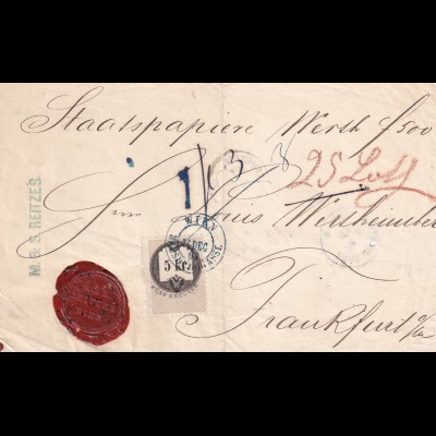 Paketbegleitbrief mit Fiskalmarke 1867 von Wien nach Frankfurt, Luftpost