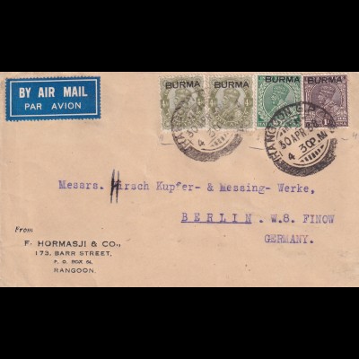 Burma Rangoon 1938 via air mail to Berlin