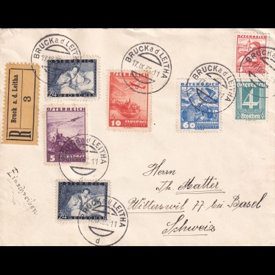 Einschreiben Bruck a.d.Leitha in die Schweiz 1935. Rücks. Vignette Zeppelin