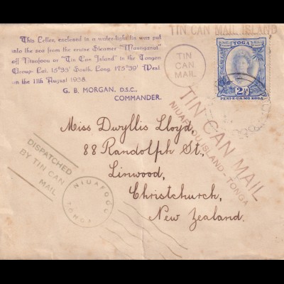 Tin Can Mail Niuafoou-Island-Tonga to New Zealand, Linwood, Christchurch
