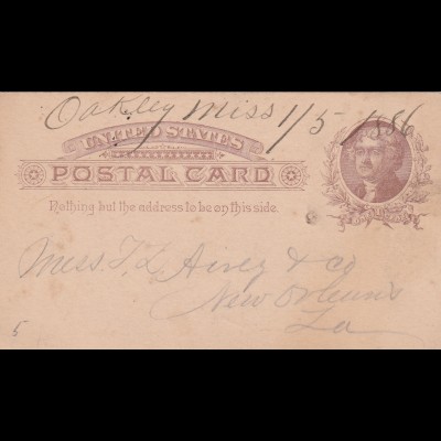 post card Oakley Miss 1886 to New Orleans