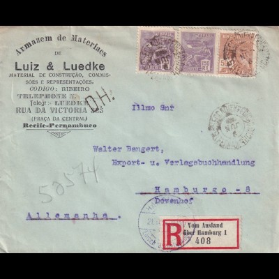 Recife, Einschreiben vom Ausland, Bahnpost..., D.H. Stempel 1926 nach Hamburg