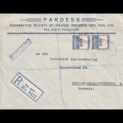 Registered Tel Aviv, 1932 to Berlin, double franked