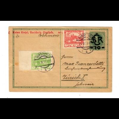 post card Parschnitz, Apotheke 1919 to Zürich