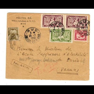 Hue, Centre Viet-Nam, air mail to France 1950, Taxe