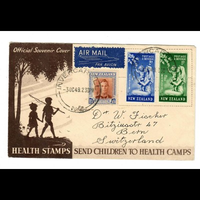Official sopuvenir Cover, Invercargill, Health stamps send Children 1949 to Bern