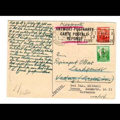 Antwort Postkarte von Rom nach Vaduz - weiter nach Essen, 1937