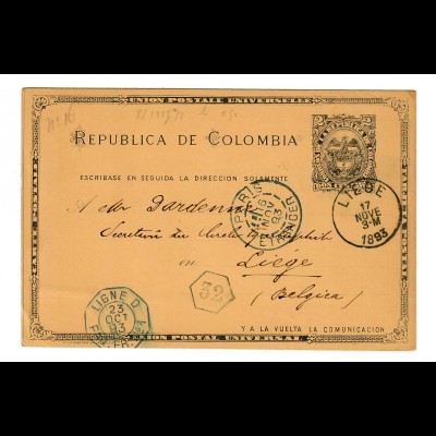 Bogota post card 1893 to Liege/Belgium via french ship post 