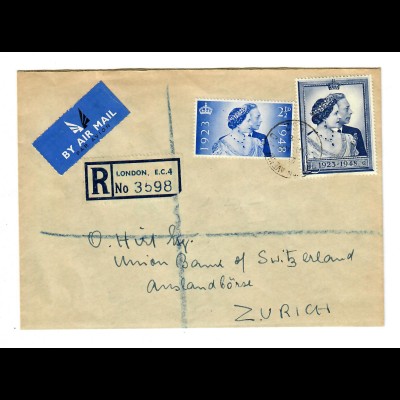 Einschreiben London via Luftpost nach Zürich 1948