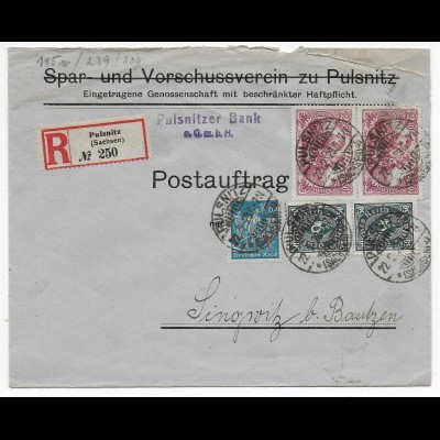 Postauftrag als Einschreiben, Pulsnitzer Bank nach Singwitz/Bautzen 1923