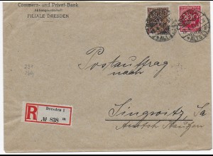 Einschreiben Dresden Commerzbank nach Singwitz, Perfin (Lochung), 1923