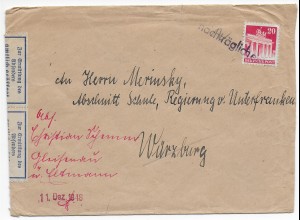 Amtlich geöffnet Nürnberg/Fürth, 1948 und nachträglich entwertet, nach Würzburg