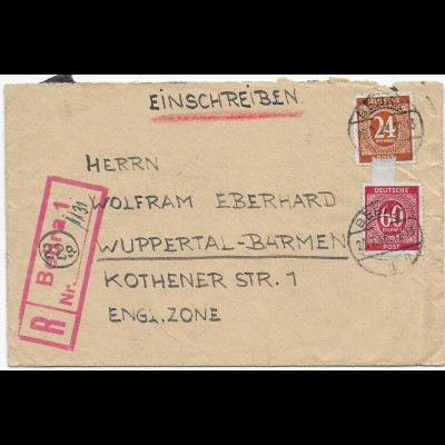 Einschreiben Bebra mit Not-R-Stempel nach Wuppertal-Barmen 1946