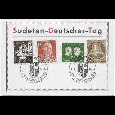 Sonderkarte Sudeten-Deutscher-Tag 1954 in München mit Sonderstempel