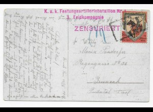 K.u.K. Festungsartilleriebataillon 1918 mit Vignete nach Bruneck, Zensur