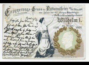 Präge-Ansichtskarte Nationalfeier 1897: Wilhelm I von Marburg nach Heidelberg
