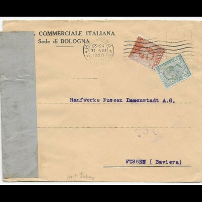 Bologna 1920 nach Füssen, Perfin, Brief geöffnet