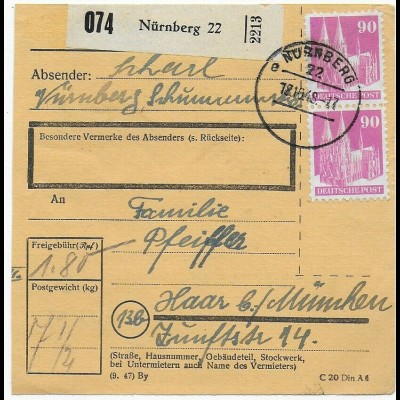Paketkarte Nürnberg 1948 nach Haar, MeF