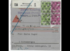 Paketkarte Nachnahme von Mittenwald/Karwendelbeb. nach Oberammergau, 1948