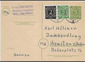 Ganzsache Weinheim nach Konstanz, 1946