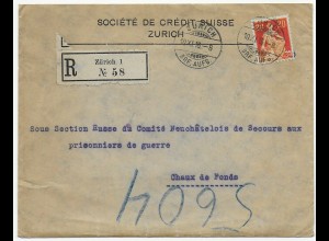 Einschreiben Zürich, 1916, Chaux de Fonds, Abteilung russische Kriegsgefangene