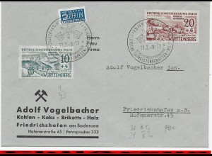 Württemberg 1949 Brief von Isny Skimeisterschaften nach Friedrichshafen FDC