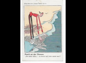 Kriegs-Postkarte 1914: Panik an der Themse: Schiffe ...