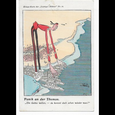 Kriegs-Postkarte 1914: Panik an der Themse: Schiffe ...