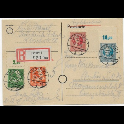 Einschreiben Postkarte Erfurt 1946 nach Berlin