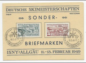 Deutsche Ski-Meisterschaften, 1949, Isny mit Sonderstempel und Sonderkarte