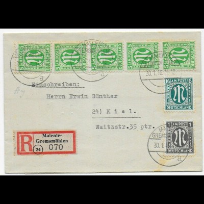 Einschreiben Malente-Gremsmühlen nach Kiel, 1946
