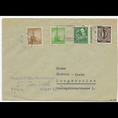 Brief von Erfurt nach Langensalza , Kartoffelkäfer, 1947, Signatur AG Thüringen