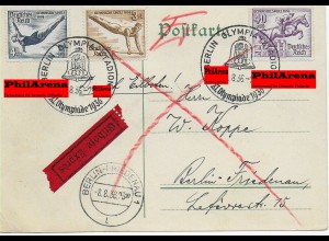 Eilbote Postkarte Olympiastadion 1936 nach Berlin Friedenau