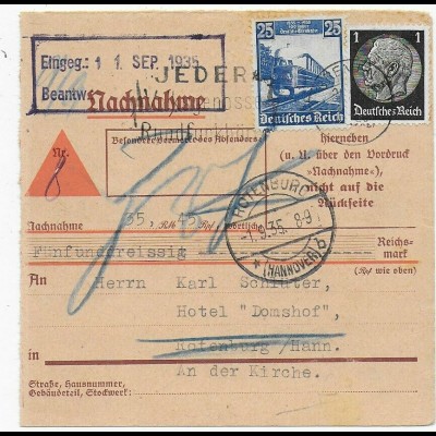 Nachnahme Paketkarte 1935 nach Rotenburg und zurück