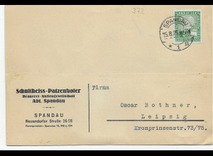 Postkarte Drucksache Spandau nach Leipzig, Brauerei Schultheiss, 1925