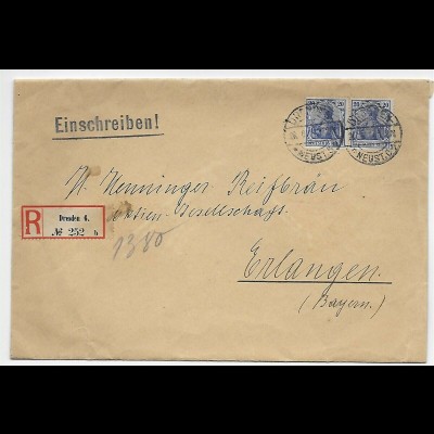 Einschreiben Dresden, Reif Bräu Erlangen Vignette, rückseitig, 1914