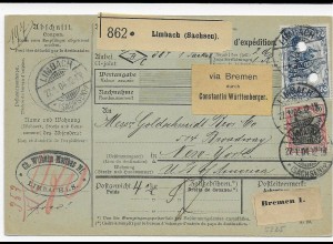 Paketkarte Limbach/Sa, 1904 nach New York über Bremen durch Const. Württemberger