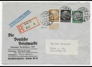 Berlin Einscheiben Nationale Ausstellung 1937 Die Deutsche Briefmarke nach Bonn