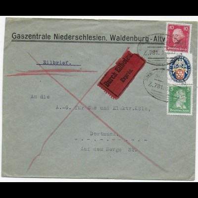 Eilboten Gaszentrale Niederschlesien: Waldenburg, Bahnpoststempel 1927