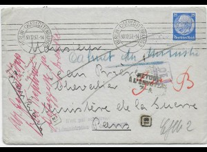 Brief von Berlin Charlottenburg 1937 nach Paris und zurück, zollamtlich geöffnet