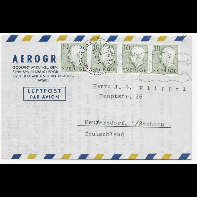 Schweden, Mehrfachfranktur, Luftpost Stockholm nach Neugersdorf, 1954