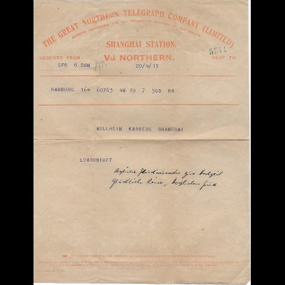 Telegram von Hamburg 1913 nach Shanghai