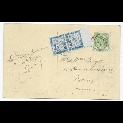 Post card Brugs to Nancy, Taxe, 1910