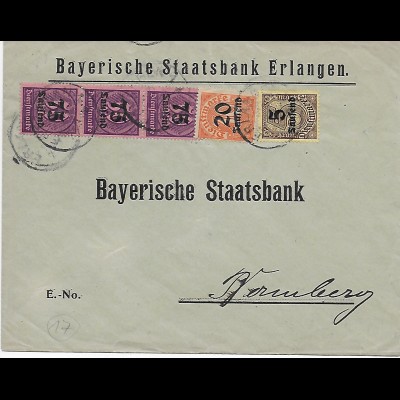 Bankbrief, Dienstpost von Erlangen nach Bamberg, rückseit. geprüft Infla Berlin