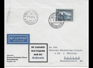 Luftpost Graf Zeppelin 1930 nach Zürich, MiNr. 440, mit Brief Sieger 1940
