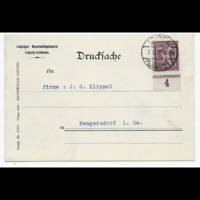 Drucksache Postkarte Leipzig, Unterrand nach Neugersdorf, Baumwollspinnerei 1922
