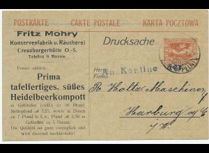 Postkarte Oppeln/Murrow/Creuzburgerhütte, Drucksache nach Harburg