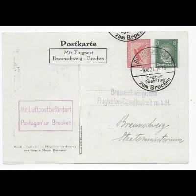 Flugpost Braunschweig-Brocken, Postagentur, 1927 mit v. Hindenburg Karte