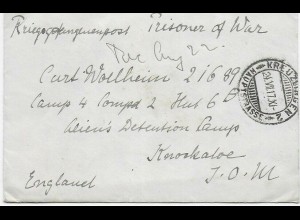 Kgf, PoW: Brief 1917 aus Kreuzlingen nach Isle of Man, Knockaloe Internment Camp